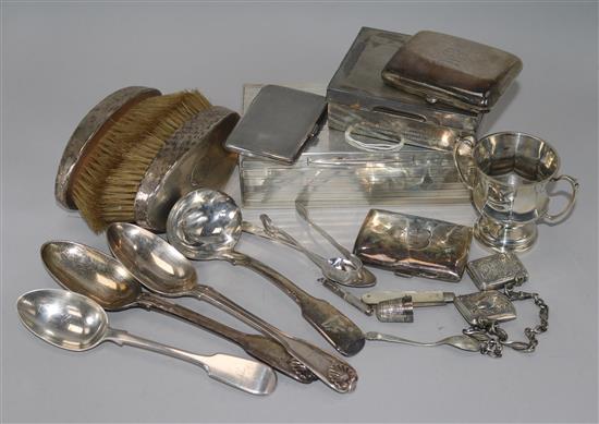 A quantity of mixed silver including cigarette cases , cigarette boxes, vestal, minor flatware etc.